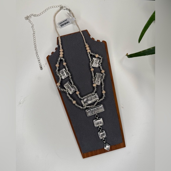 Free People Statement Necklace Shell Inlay Wood Bead Braided Cord Adjustable - Picture 6 of 9